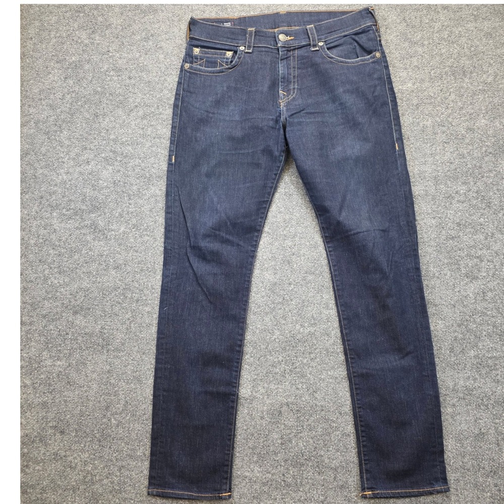 True Religion Geno Relaxed Slim Jeans Men 34X33 Dark Blue No Flap Stitch Stretch